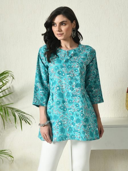 Rama Floral Printed Cotton Blend Top with Keyhole Neck Sale