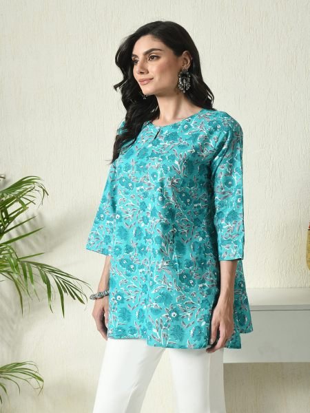 Rama Floral Printed Cotton Blend Top with Keyhole Neck Kurtis & Tunics