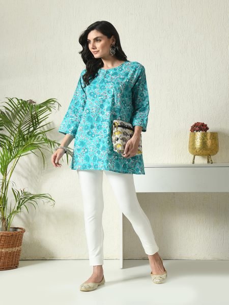 Rama Floral Printed Cotton Blend Top with Keyhole Neck Kurtis & Tunics