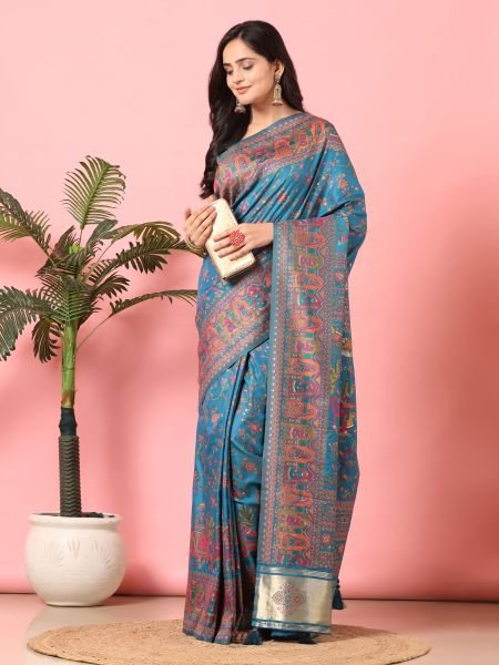 Rama Floral Printed Woven Zari Pashmina Saree Banarasi Sarees