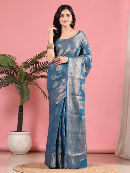 Rama Banarasi Georgette jacquard Saree With Embroidery Blouse Banarasi Sarees