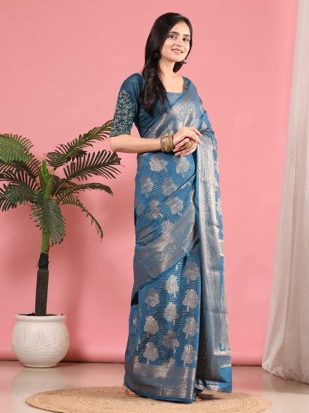 Rama Banarasi Georgette jacquard Saree With Embroidery Blouse Banarasi Sarees