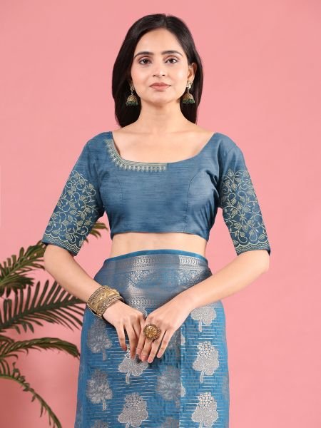 Rama Banarasi Georgette jacquard Saree With Embroidery Blouse Banarasi Sarees