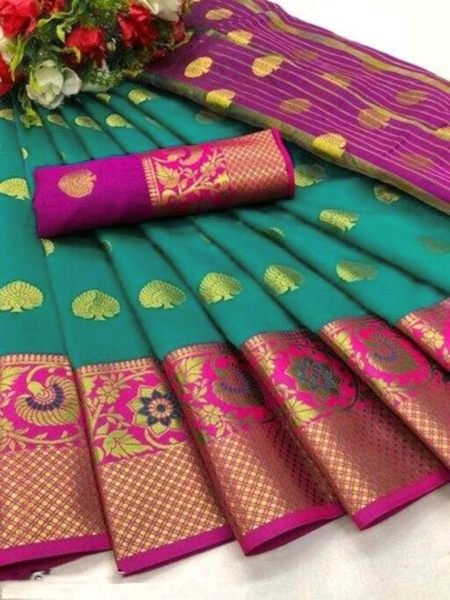 Rama Pink Cotton Silk Banarasi Saree with Zari Woven Jacquard for Festive Wear Sale