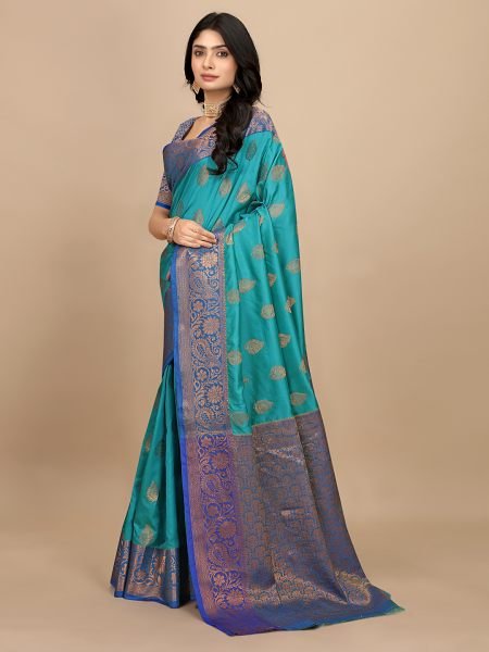 Rama Pure Silk Fabric Jacquard Copper Zari Authentic Kanjivaram Elegance Banarasi Sarees