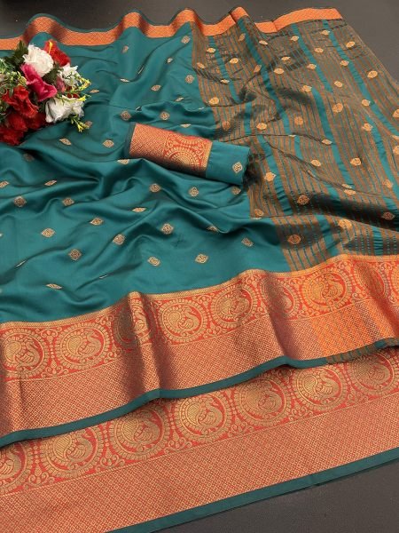 Rama Soft Silk Banarasi Saree with Gold Zari Jacquard Detailing Sale