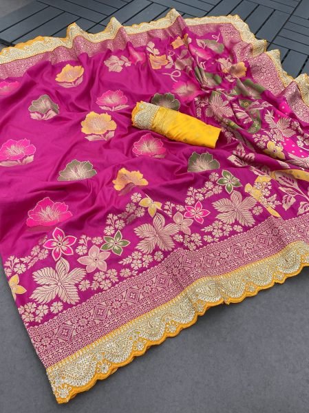 Rani Dola Silk Banarasi Saree with Jacquard Embroidery and Lace Border Sale