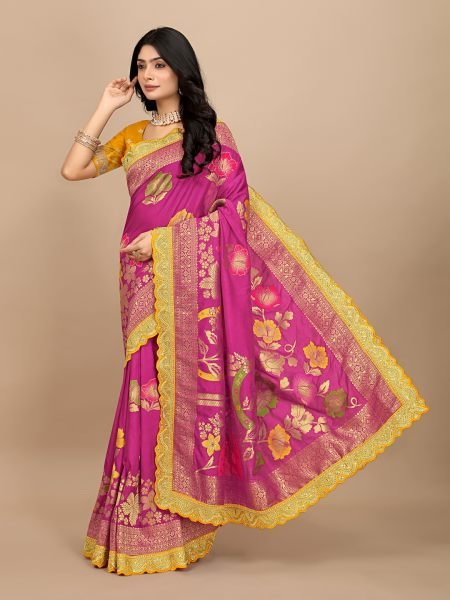 Rani Dola Silk Kanjivaram Saree with Jacquard Work and Embroidered Lace Border Kanjivaram Sarees
