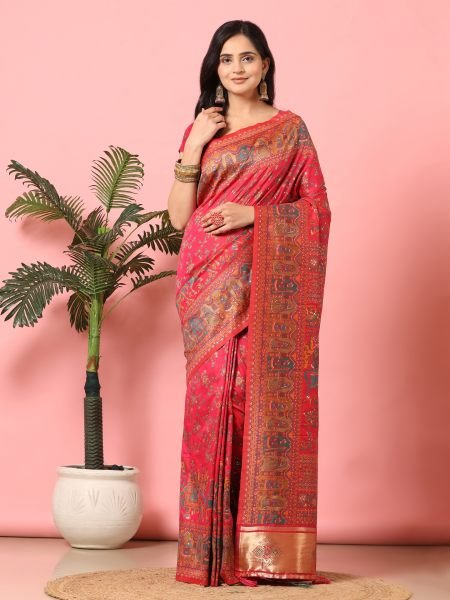 Rani Floral Printed Woven Zari Pashmina Saree Banarasi Sarees