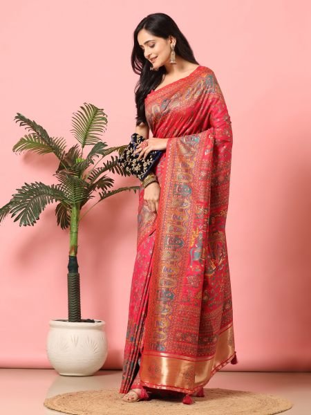 Rani Floral Printed Woven Zari Pashmina Saree Banarasi Sarees