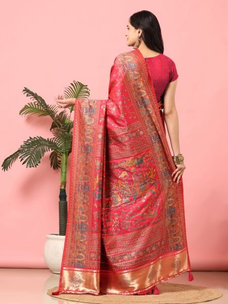 Rani Floral Printed Woven Zari Pashmina Saree Banarasi Sarees