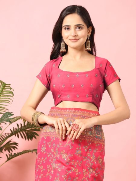 Rani Floral Printed Woven Zari Pashmina Saree Banarasi Sarees