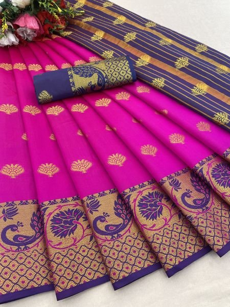 Rani Pink Banarasi Cotton Silk Saree with Jacquard Zari Weaving Sale