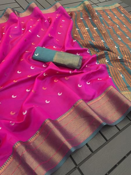 Rani Pink Banarasi festive wear saree made of cotton  silk  and jacquard Sale