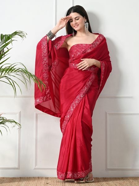 Rani Pink Chic Party Wear A Modern Chinon Solid Saree with an Embroidered Lace Border Sale