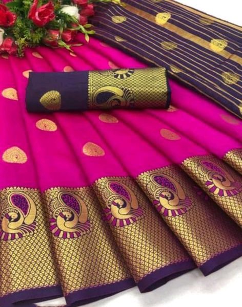 Rani Pink Cotton Silk Jacquard Woven Banarasi Saree with Zari for Festive Occasions Sale