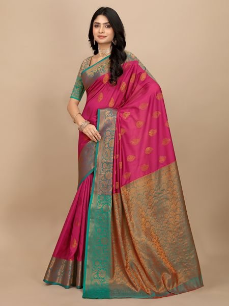 Rani Pink Pure Silk Fabric Jacquard Copper Zari Authentic Kanjivaram Elegance Banarasi Sarees