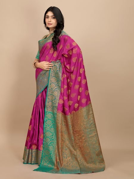 Rani Pink Pure Silk Fabric Jacquard Copper Zari Authentic Kanjivaram Elegance Banarasi Sarees