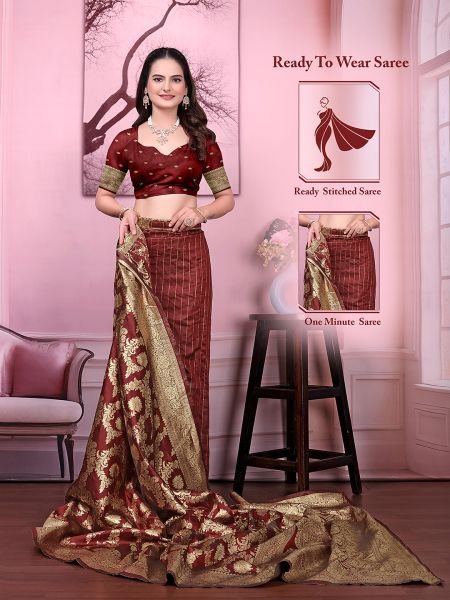 Ready to Wear Banarasi Floral Print Jacquard Party Saree with Unstitched Blouse Saree