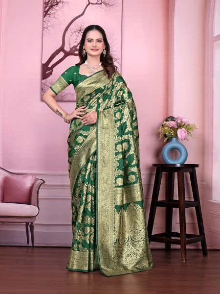 Ready to Wear Banarasi Floral Print Jacquard Party Saree with Unstitched Blouse Ready To Wear Sarees