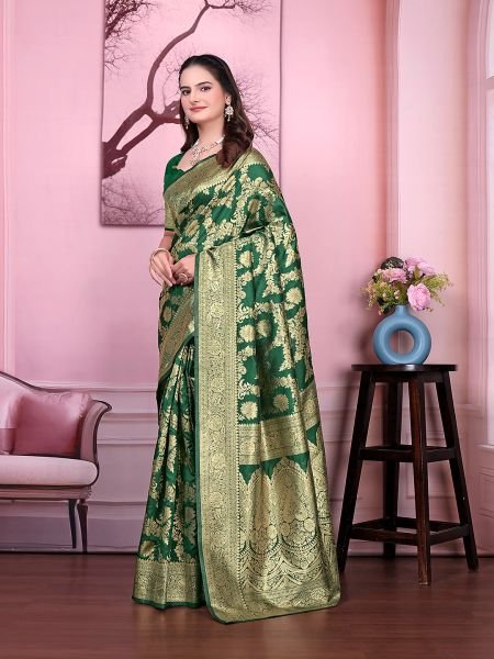 Ready to Wear Banarasi Floral Print Jacquard Party Saree with Unstitched Blouse Ready To Wear Sarees