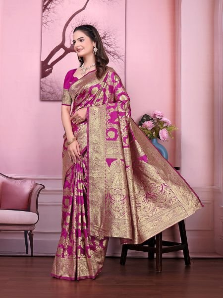 Ready to Wear Banarasi Floral Print Jacquard Party Saree with Unstitched Blouse Ready To Wear Sarees