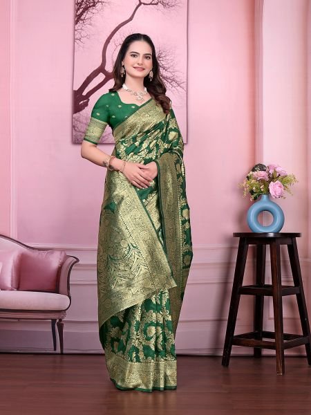 Ready to Wear Banarasi Floral Print Jacquard Party Saree with Unstitched Blouse Ready To Wear Sarees