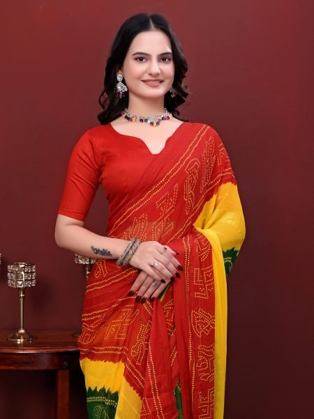 Ready to Wear Bandhani Printed Simmer Silk Saree  Ready To Wear Sarees