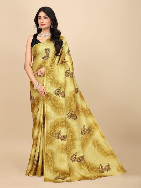 Elegant Checkered Manipuri Jute Silk Saree in Vibrant Yellow, Ready to Wear Ready To Wear Sarees