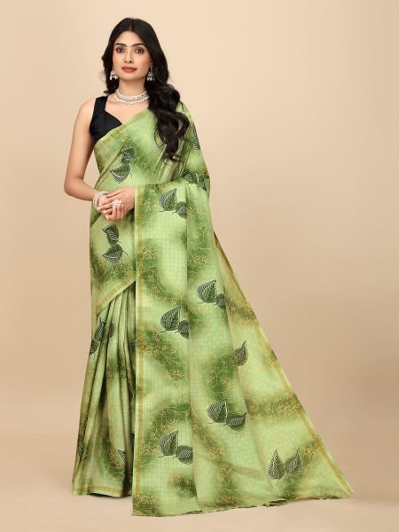 Elegant Checkered Manipuri Jute Silk Saree in Vibrant Green, Ready to Wear Ready To Wear Sarees