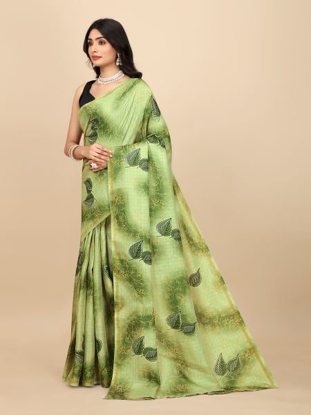 Elegant Checkered Manipuri Jute Silk Saree in Vibrant Green, Ready to Wear Ready To Wear Sarees