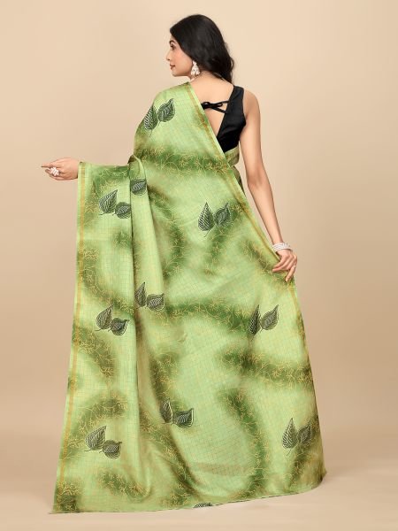 Elegant Checkered Manipuri Jute Silk Saree in Vibrant Green, Ready to Wear Ready To Wear Sarees