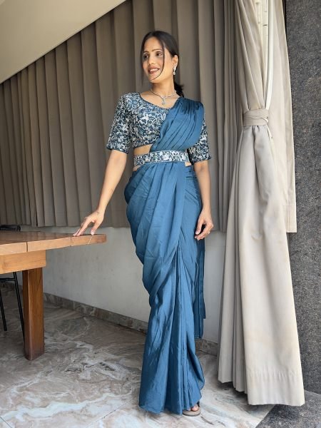 Ready To Wear Chinon Embroidery Work Saree With Stitched Blouse Daily Deals