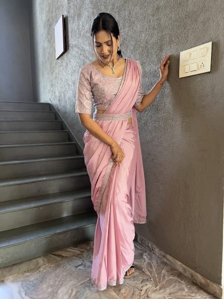  Ready To Wear Chinon Embroidery Work Saree With Stitched Blouse