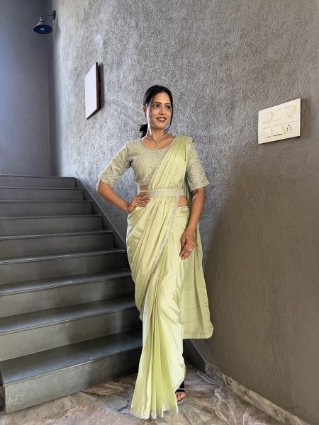  Ready To Wear Chinon Embroidery Work Saree With Stitched Blouse