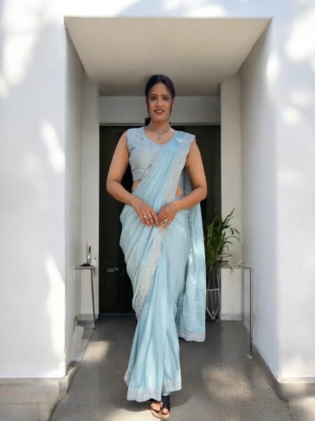 Ready To Wear Chinon Embroidery Work Saree With Stitched Blouse Saree