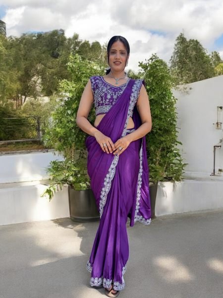 Ready To Wear Chinon Embroidery Work Saree With Stitched Blouse Ready To Wear Sarees