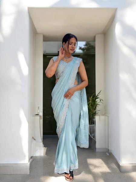 Ready To Wear Chinon Embroidery Work Saree With Stitched Blouse Ready To Wear Sarees