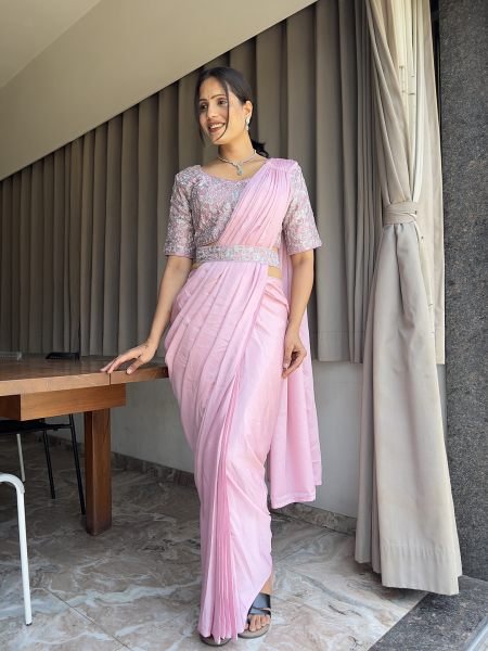 Ready To Wear Chinon Embroidery Work Saree With Stitched Blouse Ready To Wear Sarees