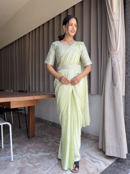 Ready To Wear Chinon Embroidery Work Saree With Stitched Blouse Ready To Wear Sarees