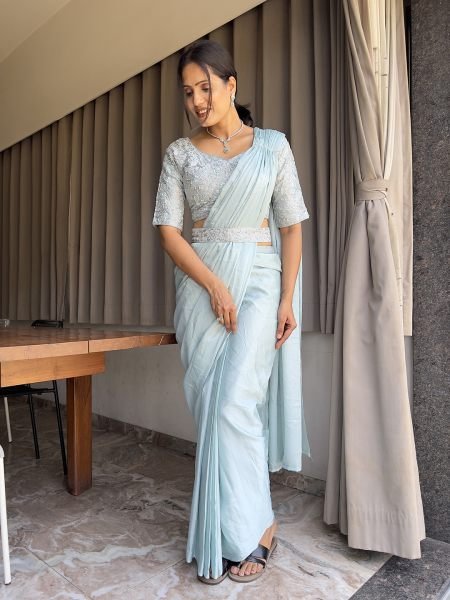 Ready To Wear Chinon Embroidery Work Saree With Stitched Blouse Ready To Wear Sarees