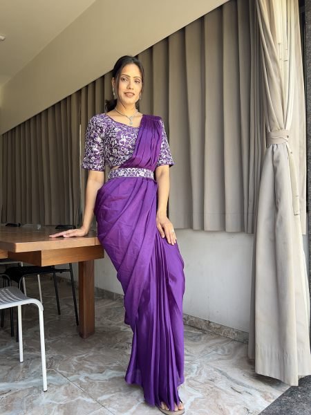 Ready To Wear Chinon Embroidery Work Saree With Stitched Blouse Ready To Wear Sarees