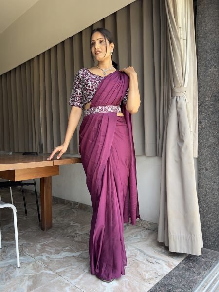 Ready To Wear Chinon Embroidery Work Saree With Stitched Blouse Ready To Wear Sarees