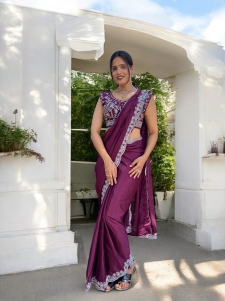 Ready To Wear Chinon Embroidery Work Saree With Stitched Blouse Ready To Wear Sarees