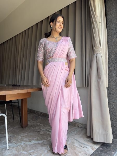 Ready To Wear Chinon Embroidery Work Saree With Stitched Blouse Ready To Wear Sarees