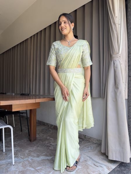 Ready To Wear Chinon Embroidery Work Saree With Stitched Blouse Ready To Wear Sarees