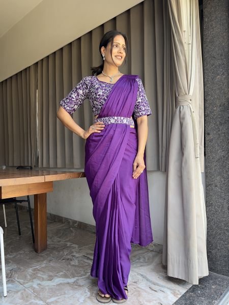Ready To Wear Chinon Embroidery Work Saree With Stitched Blouse Ready To Wear Sarees