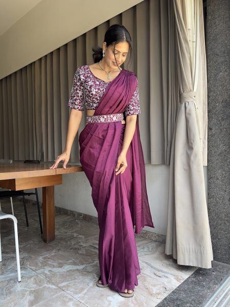 Ready To Wear Chinon Embroidery Work Saree With Stitched Blouse Ready To Wear Sarees