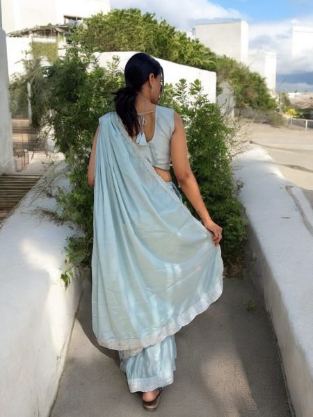 Ready To Wear Chinon Embroidery Work Saree With Stitched Blouse Ready To Wear Sarees