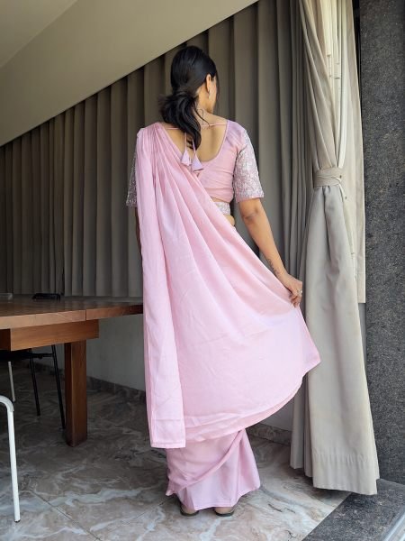 Ready To Wear Chinon Embroidery Work Saree With Stitched Blouse Ready To Wear Sarees